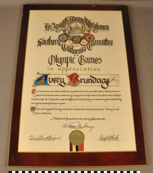 Thumbnail of Plaque: The Los Angeles Memorial Coliseum Commission and Southern California Committee in Appreciation of Avery Brundage (1977.01.0143)