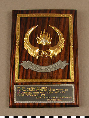 Thumbnail of Commemorative Plaque Presented to Avery Brundage on his visit to Indonesia from the National Sports Committee of Indonesia (1977.01.0289A)