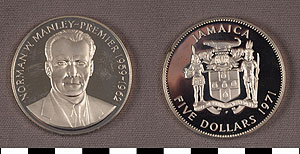 Thumbnail of Commemorative Coin: Norman W. Manley, 5 Dollars (1977.01.0426A)