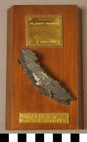 Thumbnail of Plaque with Shrapnel from Russian-Made Shell Presented to Avery Brundage from Commanding General, Kinman Defense Command, Republic of China (1977.01.0458A)