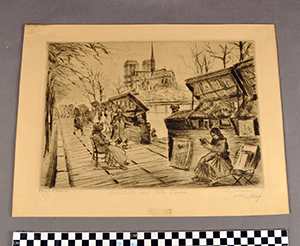 Thumbnail of Reproduction of Engraving:  "Bookstalls and Notre Dame" by C. Marson (1900.30.0005)