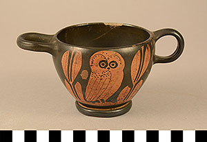 Thumbnail of Red Figure Glaux (Owl) Skyphos, Cup (1924.02.0001)