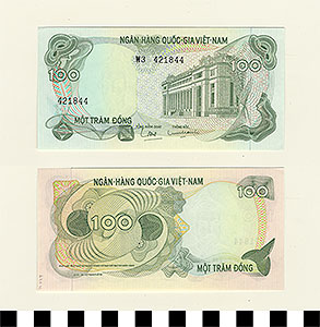 Thumbnail of Bank Note: Republic of Vietnam, South Vietnam, 100 dong (piestie)  (1971.27.0004)