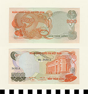 Thumbnail of Bank Note: Republic of Vietnam, South Vietnam,  500 Dong (Piestre) (1971.27.0005)