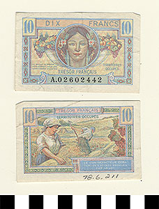 Thumbnail of Bank Note: Occupied French Territory, 10 Francs  (1978.06.0211)