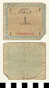 Thumbnail of Bank Note: Italy, 1 Lira (1978.06.0225)