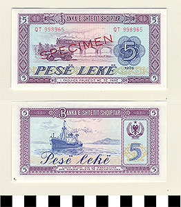 Thumbnail of Bank Note: Albania, 5 Leke (1992.23.0011C)