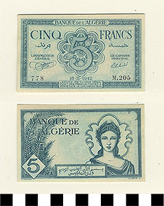 Thumbnail of Bank Note: Algeria, 5 Francs (1992.23.0012)