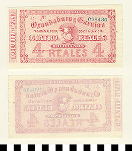 Thumbnail of Bank Note: Argentina, 4 Reales (1992.23.0063)