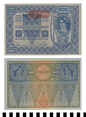 Thumbnail of Austro-Hungarian Bank Note stamped for use as post WWI Austrian: 1000 Kronen (1992.23.0082)