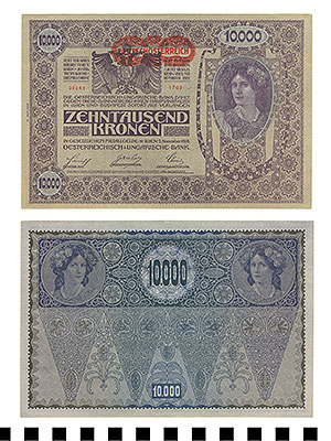 Thumbnail of Zehntausend (10,000) Kronen Bank Note from Austria-Hungary and stamped for use in post WWI Austria  (1992.23.0083)
