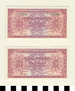 Thumbnail of Bank Note: Kingdom of Belguim, 5 Francs (1992.23.0113)