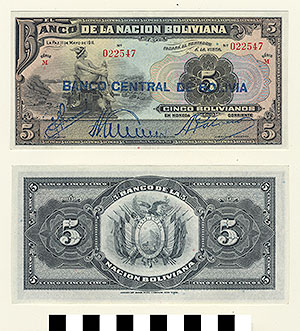 Thumbnail of Bank Note: Bolivia, 5 Bolivianos (1992.23.0126)