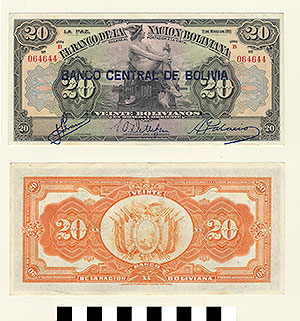 Thumbnail of Bank Note: Bolivia, 20 Bolivianos (1992.23.0127)