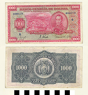 Thumbnail of Bank Note: Bolivia, 1,000 Bolivianos (1992.23.0130)