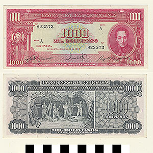 Thumbnail of Bank Note: Bolivia, 1,000 Bolivianos (1992.23.0131)