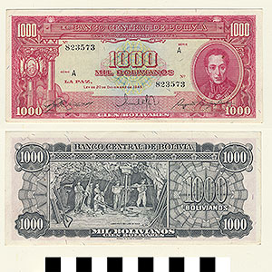 Thumbnail of Bank Note: Bolivia, 1,000 Bolivianos (1992.23.0131)