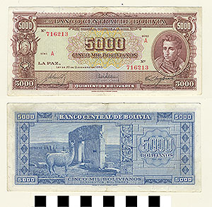 Thumbnail of Bank Note: Bolivia, 5,000 Bolivianos (1992.23.0132)