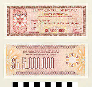 Thumbnail of Bank Note: Bolivia, 5,000,000 Pesos Bolivianos (1992.23.0135)