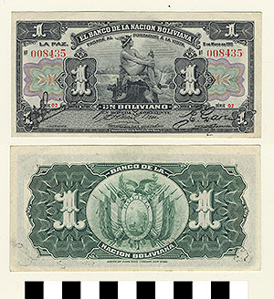 Thumbnail of Bank Note: Bolivia, 1 Boliviano (1992.23.0136)