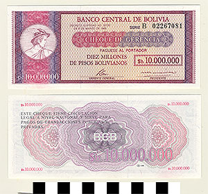 Thumbnail of Bank Note: Bolivia, 10 Million Pesos Bolivianos (1992.23.0137)