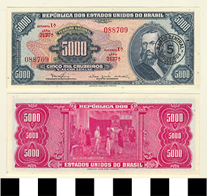 Thumbnail of Bank Note: Brazil, 5000 Cruzeiros with 5 Cruzeiros Novos Stamp (1992.23.0161)