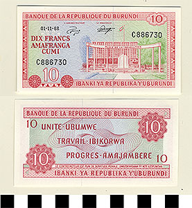 Thumbnail of Bank Note: Republic of Burundi, 10 Francs (1992.23.0180)