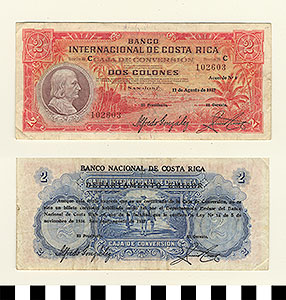 Thumbnail of Bank Note: Costa Rica, 2 Colones (1992.23.0340)