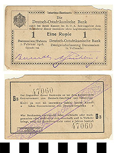 Thumbnail of Bank Note: German East Africa, 1 Rupie (1992.23.0522)