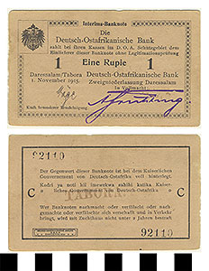 Thumbnail of Bank Note: German East Africa, 1 Rupie (1992.23.0524)