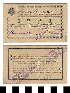Thumbnail of Bank Note: German East Africa, 1 Rupie (1992.23.0525)