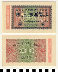 Thumbnail of Bank Note: Germany, 20,000 Mark (1992.23.0590)