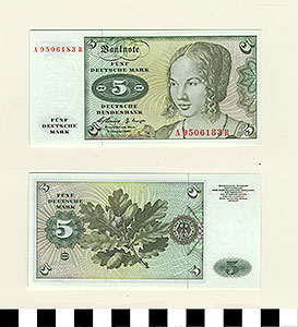 Thumbnail of Bank Note: West Germany, 5 Deutsche Mark (1992.23.0604)