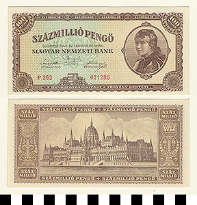 Thumbnail of Bank Note: Hungary, 100,000,000 Pengo (1992.23.0730)
