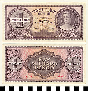 Thumbnail of Bank Note: Hungary, 1,000,000,000 Pengo (1992.23.0731)