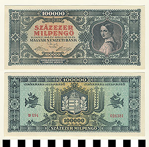 Thumbnail of Bank Note: Hungary, 100,000 Milpengo (1992.23.0733)