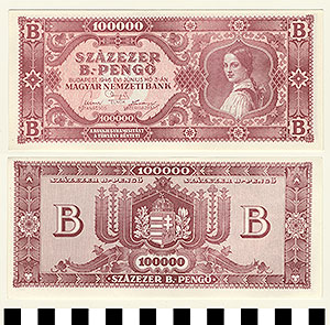 Thumbnail of Bank Note: Hungary, 100,000 B.-Pengo (1992.23.0739)