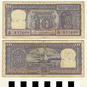 Thumbnail of Bank Note: Republic of India, 10 Rupees (1992.23.0772)