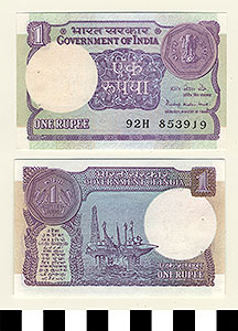 Thumbnail of Bank Note: Republic of India, 1 Rupee (1992.23.0781)