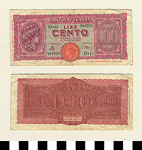 Thumbnail of Bank Note: Italy, 100 Lire (1992.23.0844)