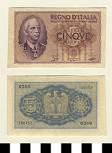 Thumbnail of Bank Note: Italy, 5 Lire (1992.23.0845)