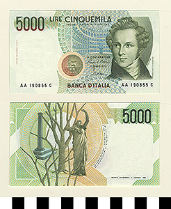 Thumbnail of Bank Note: Italy, 5,000 Lire (1992.23.0847)