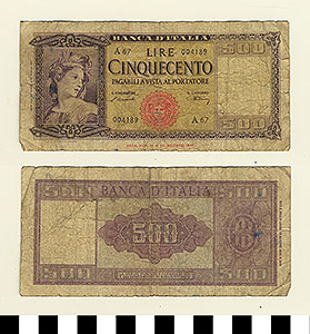Thumbnail of Bank Note: Italy, 500 Lire (1992.23.0849)