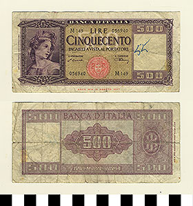 Thumbnail of Bank Note: Italy, 500 Lire (1992.23.0850)