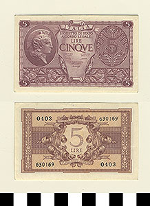Thumbnail of Bank Note: Italy, 5 Lire (1992.23.0857)