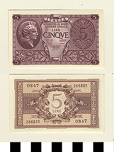 Thumbnail of Bank Note: Italy, 5 Lire (1992.23.0858)