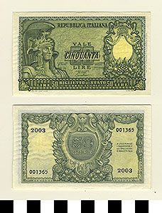 Thumbnail of Bank Note: Italy, 50 Lire (1992.23.0862)