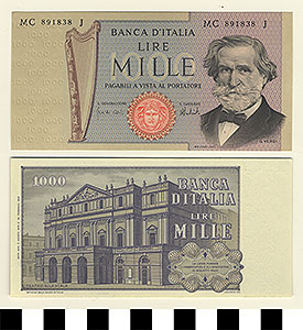 Thumbnail of Bank Note: Italy, 1,000 Lire (1992.23.0868)