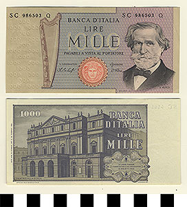 Thumbnail of Bank Note: Italy, 1,000 Lire (1992.23.0869)