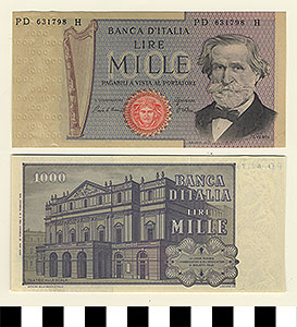 Thumbnail of Bank Note: Italy, 1,000 Lire (1992.23.0870)